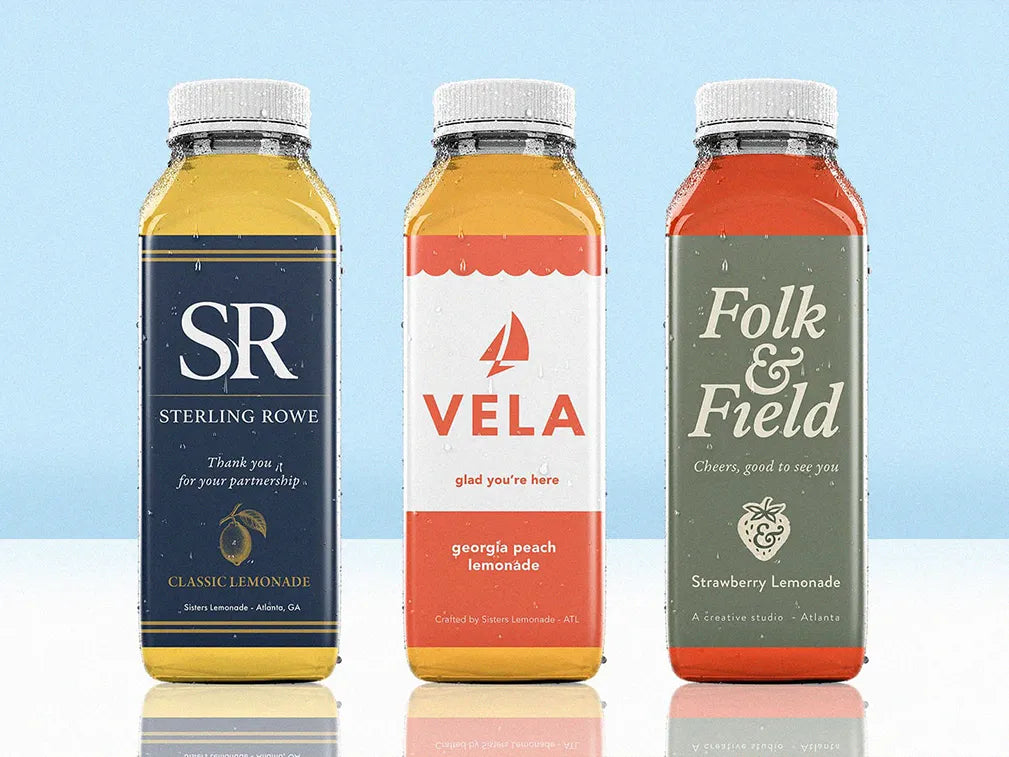Custom-labeled Sisters Lemonade bottles: Sterling Rowe, Vela, and Folk and Field