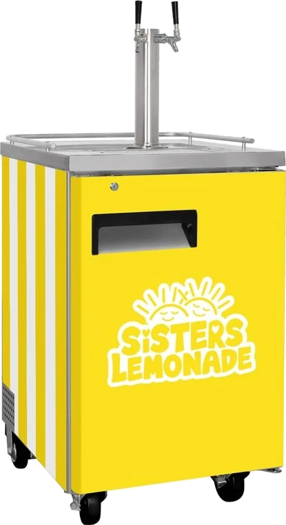 The Sisters Lemonade kegerator: a yellow, two-tap draft station on wheels
