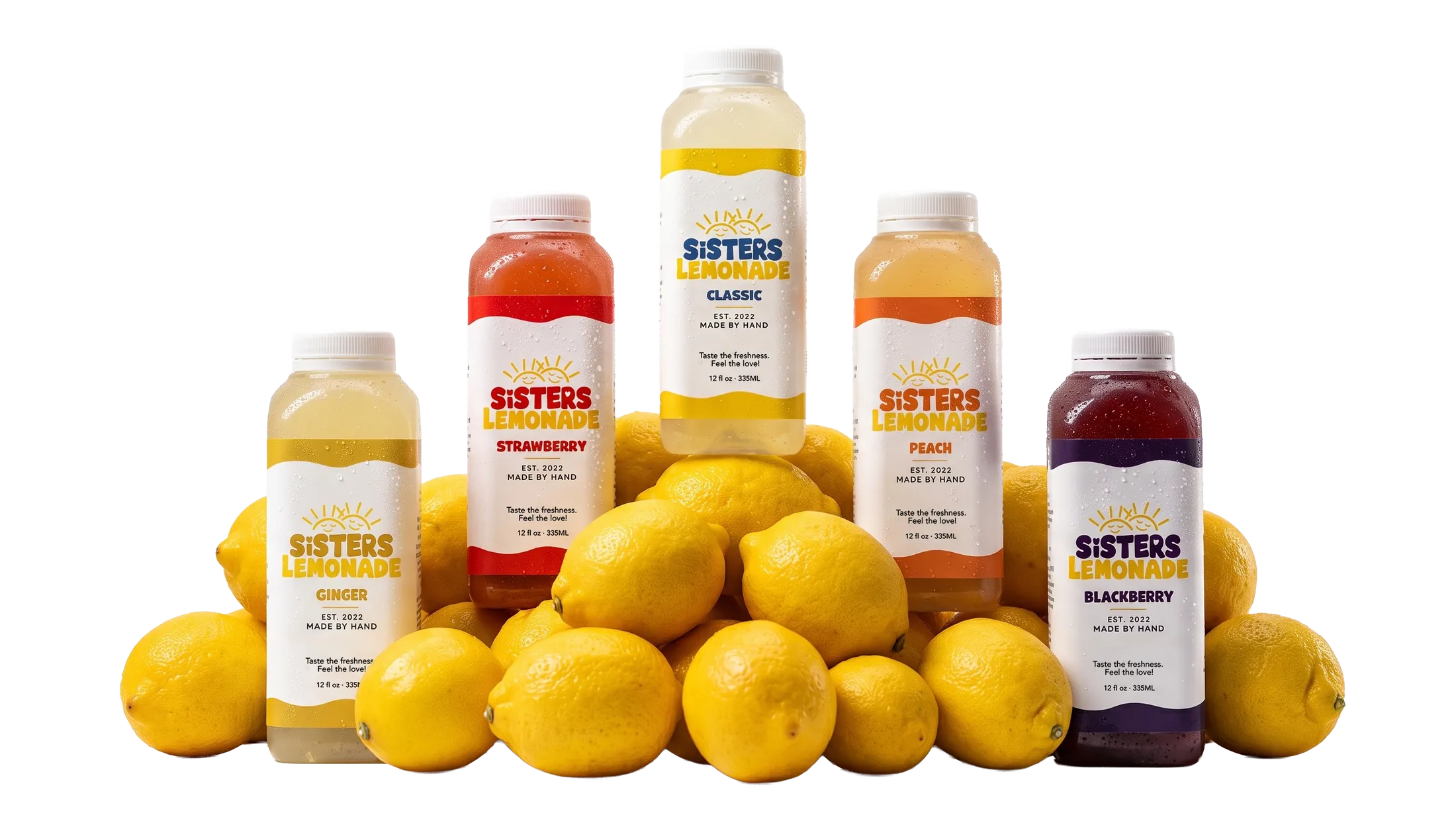 Lineup of Sisters Lemonade bottles in a variety of Georgia-grown flavors
