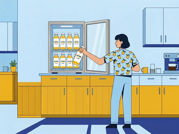Illustration: a person taking a Sisters Lemonade bottle from a countertop beverage fridge