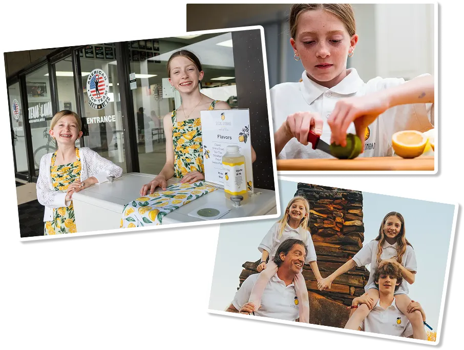 The Sisters Lemonade founders at their lemonade stand, slicing fresh lemons, and with their family