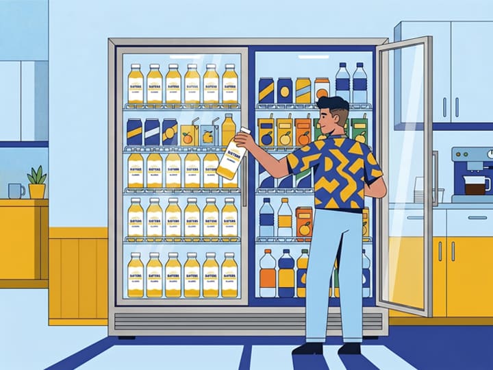 Illustration: a person taking a Sisters Lemonade bottle from a stocked beverage fridge