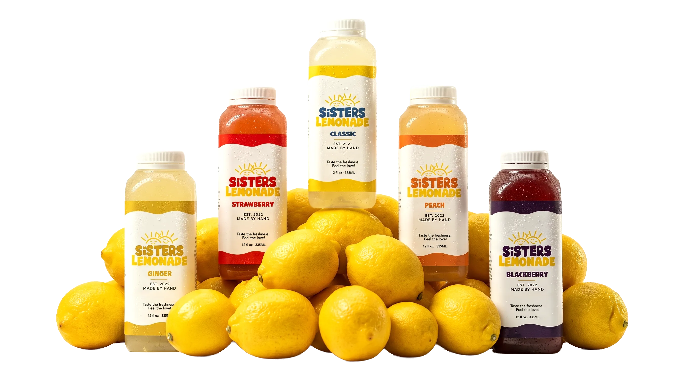 Lineup of Sisters Lemonade bottles in a variety of Georgia-grown flavors