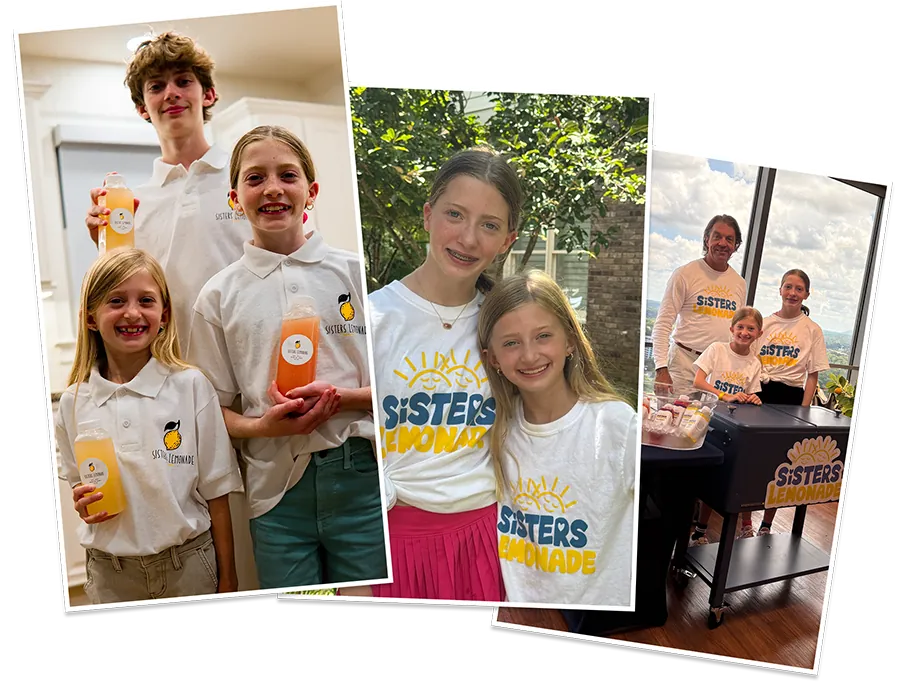 The Sisters Lemonade founders at their lemonade stand, slicing fresh lemons, and with their family