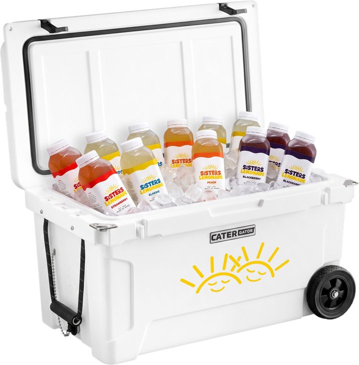 A cooler packed with ice and Sisters Lemonade bottles