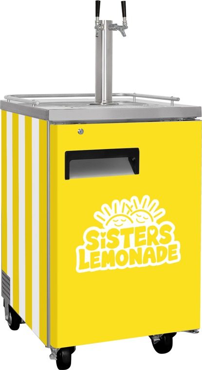 The Sisters Lemonade yellow kegerator with a double tap tower