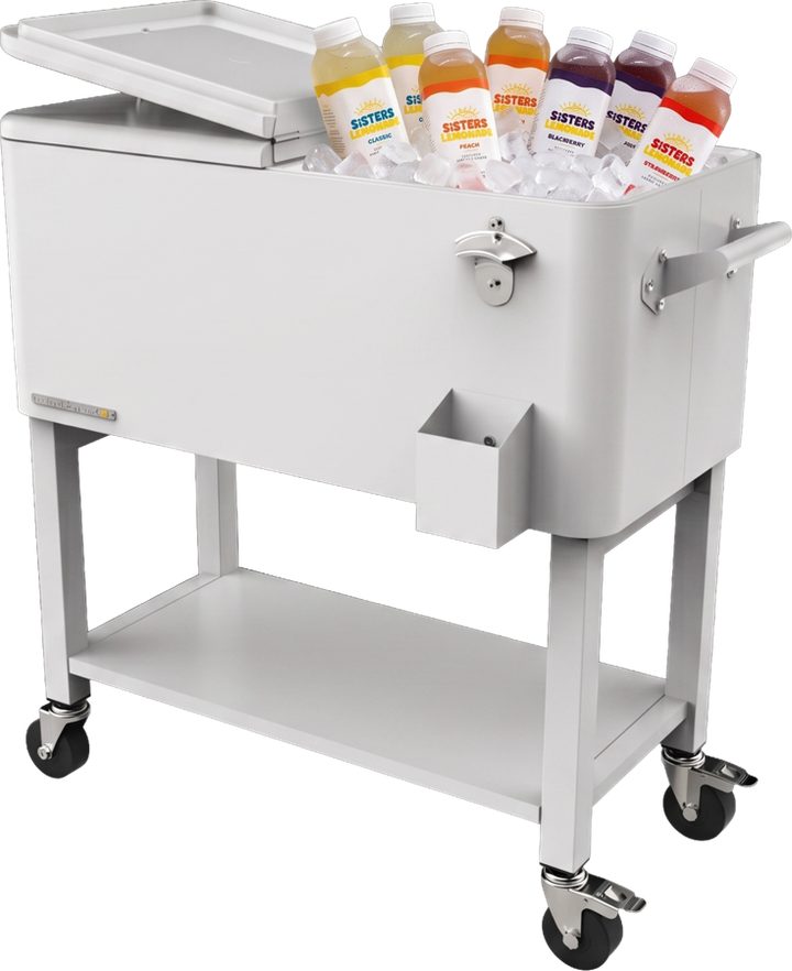 A rolling party cooler stocked with lemonade bottles on ice